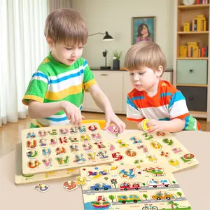 Wooden Peg Puzzles for Toddlers 1 2 3 4, 6 Pack Educational Peg Puzzles Montessori Toys, Learning Puzzles for Kids Girs Boys with Alphabet Number Animal Vehicle Shape cognition jigsaw