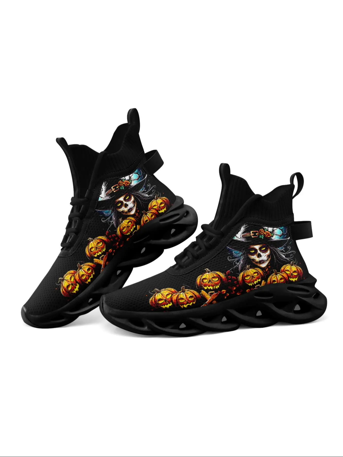 Women's Halloween Wide Fit Casual Sneakers, Graphic Print Sneakers, Unique Skull Witch and Pumpkin Lantern Design for Dark Trendy Style, Lightweight Breathable Upper and Non-Slip Durable Sole, Perfect for Holiday Events, Daily Wear, and Outdoor Activities