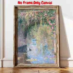 Monet Style Water Lily Bridge View, Vintage Canvas Painting, Wall Art Decor for Home Living Room Bedroom, Poster, Unframed Art Print