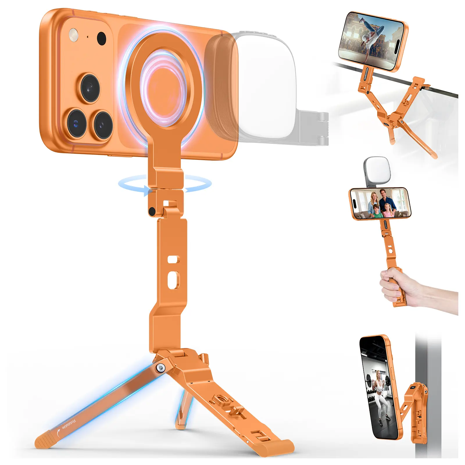 OMOTON TP03 Phone Tripod, Foldable 3oz Slim Aluminium Mini Tripod with Portable Magnetic Cellphone Mount, 1/4 Thread, Hanging Hook, 360° Rotation -Mobile Phone Camera Accessory Stand