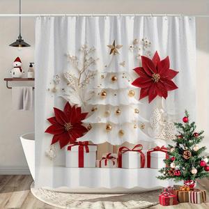 1pc Red Poinsettia & Golden Christmas Tree Shower Curtain with 12 Hooks - 66x72in White Background, Machine Washable Polyester, Bathroom Decoration Accessories, Shower Curtain Aesthetic Holiday Bath Decor