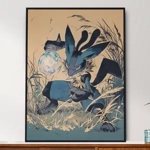 Lucario Poké, Japanese Tapestry Style, Traditional Ukiyo-e Art, Anime Poster