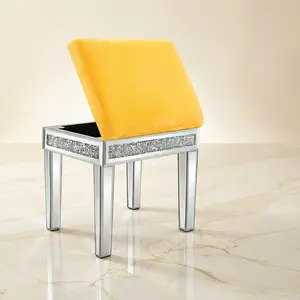 Vanity Stool with Storage – Mirrored Legs, Velvet Cushioned Ottoman, Hidden Compartment, Sparkling Diamond Trim, Glam Makeup Chair & Piano Bench - Silver & Yellow