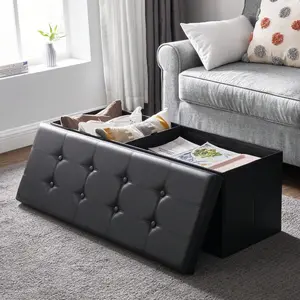 43 Inches Folding Storage Ottoman Bench Storage Chest Footrest Padded Seat Faux Leather, Holds Up To 660 Lb, Beige,  Black,  Brown, Light Grey, Coffee Brown, Dark Gray