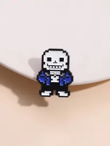 Vintage Pixel Game Skull Character Brooch, Zinc Alloy Enamel Material, Durable Metal Pins, Blue Hoodie Decor, Pixel Skull Theme Badge, Unisex Design