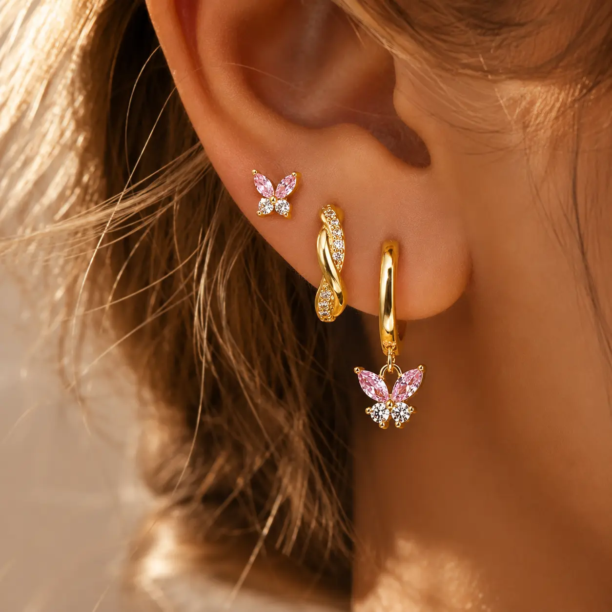 Pink Studs Earrings for Women,14K Gold Plated Hypoallergenic Butterfly Earrings for Girls,3 Pcs/3 Pairs Butterfly Zirconia Cute Earring and Trendy Huggie Hoop Dainty Multipack Earring Sets