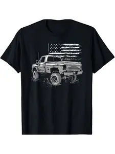Men's Vintage Pickup Truck & American Flag T-Shirt - Heavy-Duty 2500/3500 Series Graphic, Black & White Retro Truck Design, Comfortable Cotton Crew Neck Casual Tee for Men, All-Season Wear, Ideal Gift for Truck Lovers, Machine Washable, Classic Round Neck