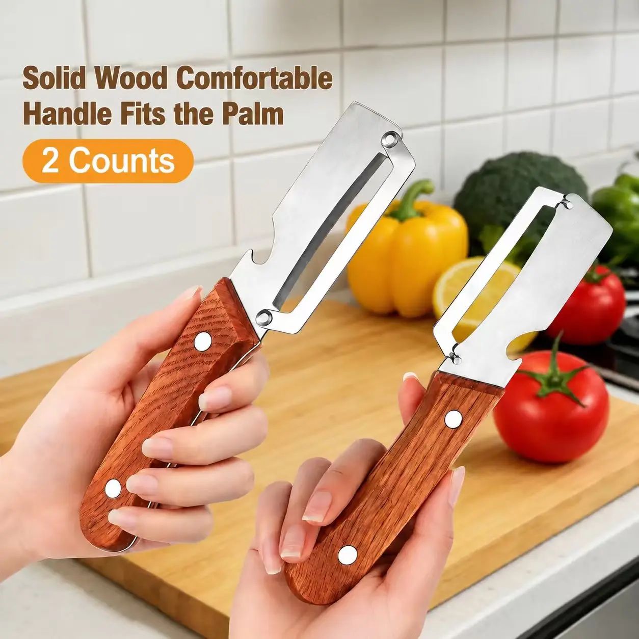 YESDOAGD Heavy Duty Stainless Steel Sharp Hand Held Fruit Peeler - Wooden Non-Slip Ergonomic Handle, Built-In Bottle Opener, Home Kitchen Peeling Utensil (2 Styles Shipped Randomly)