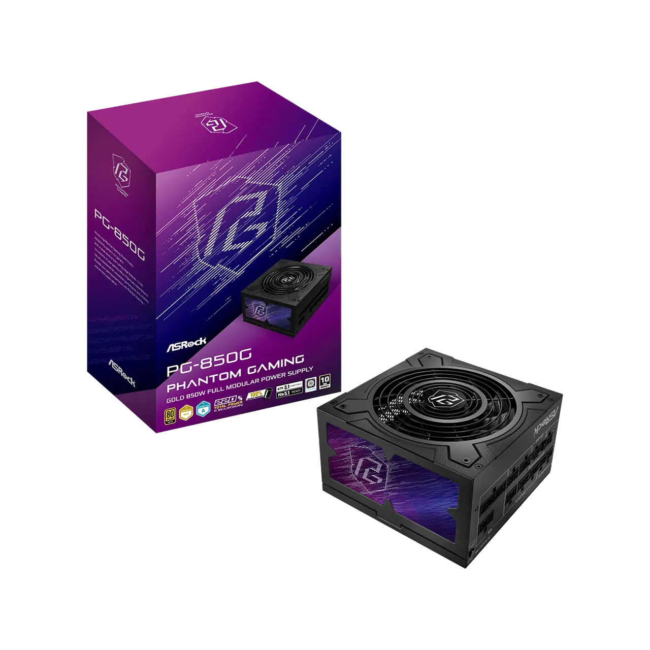 ASRock Phantom Gaming PG-850G 850W 80 PLUS GOLD & Cybenetics PLATINUM Full Modular Power Supply, ATX3.1 & PCIe5.1 Ready with Dual Color 12V-2x6 Cable, 10 Years Warranty