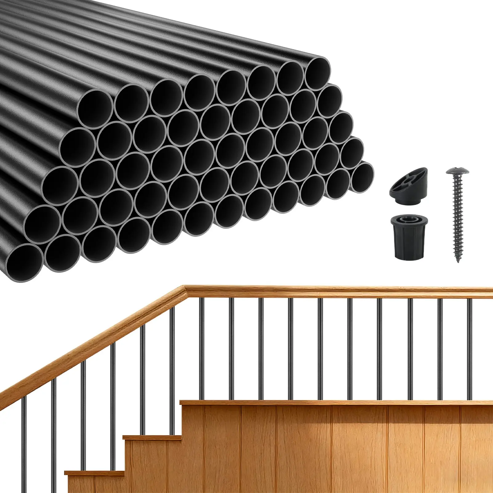 VEVOR 125 Pack Deck Balusters, 32 in Aluminum Railing Spindles, 3/4 in Diameter Hollow Round Metal Decking Stair Balusters with Connectors, Screws, for Deck, Porch & Staircase Railing Fence, Black