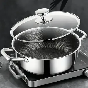 A Big Stainless Steel Pot Featuring Two Handles, Safe for Dishwasher Use, Ideal for Stir-Frying, Toasting, Baking, And Stewing Kitchen Tools Cookware