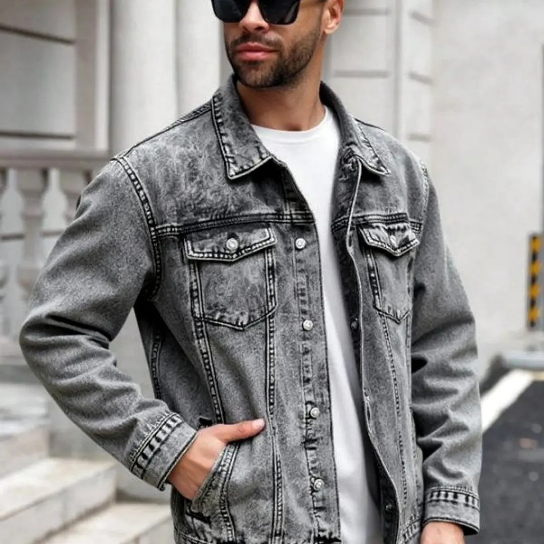 Men's Dark Grey Denim Jacket - Slim Fit Acid Wash Jean Jacket