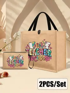 Creative Teacher Letter Print Linen Handbag, Linen Coin Purse, Drawstring, Square Shopping Bag, Large Capacity Casual Storage Bag