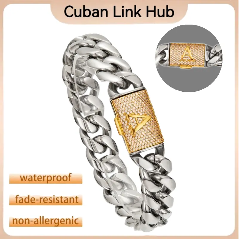 Unisex Personalized A-Z Alphabet Stainless Steel Cuban Link Bracelet with Rhinestone, Initial Letters, 2-Tone Finish, Low Allergy Risk, Sensitive Skin-Safe, Permanent Waterproof, Sun-Resistant, Heavy Look, Ideal for Everyday Wear & Rapper Street Fashion