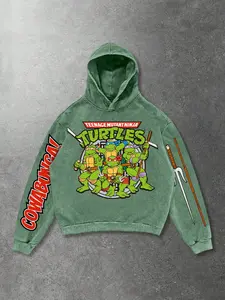 Ninja Turtle Washed Vintage Sweatshirt, American Retro Cartoon Print Hoodie, Deep Washed Cartoon Hoodie, High Street Style Fashion
