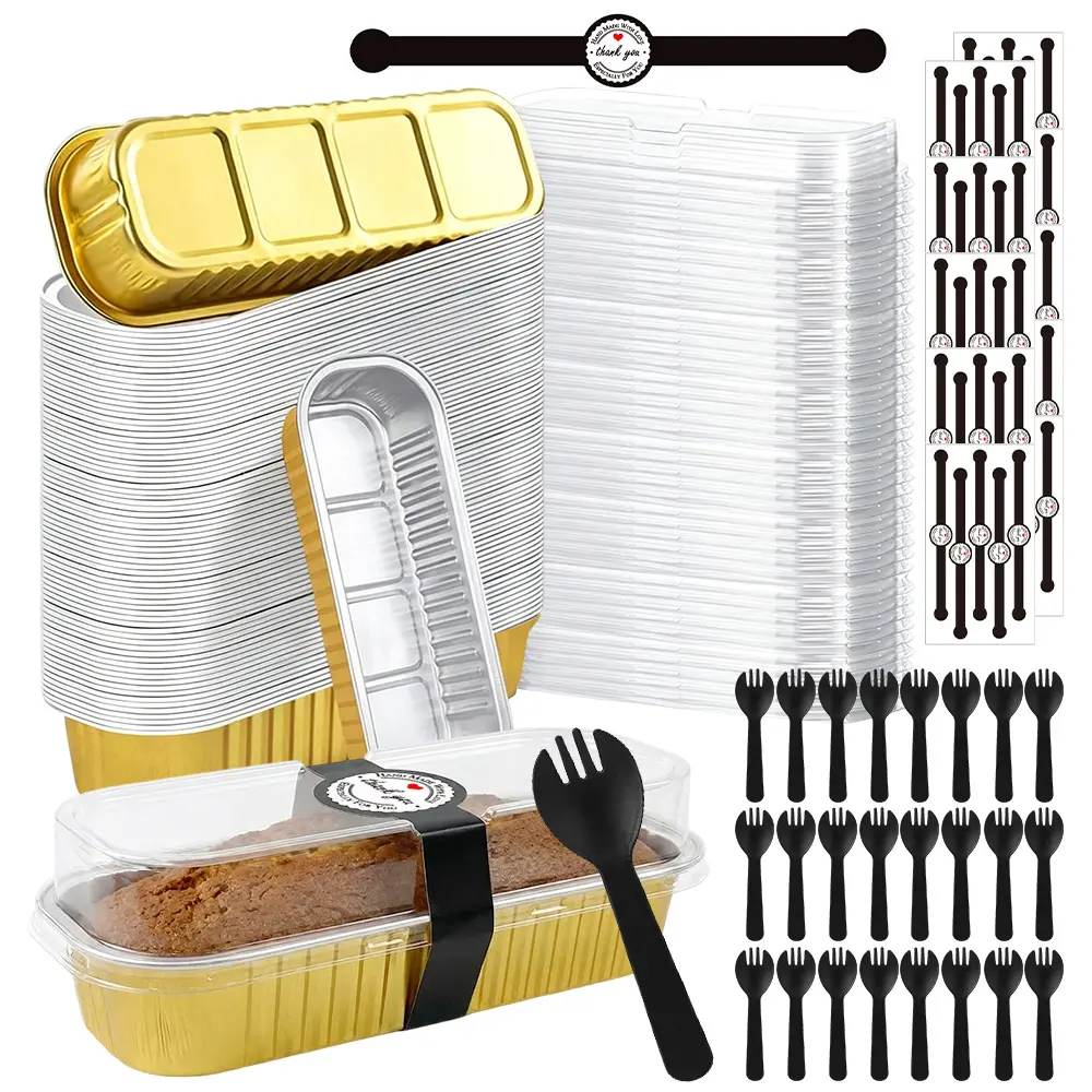 50 Packs 6.8 oz Rectangle Mini individual Loaf Pans With Lids And Spoons & Stickers, Disposable Aluminum Foil Small Baking Cups Tins Perfect for Family and Outdoor Use