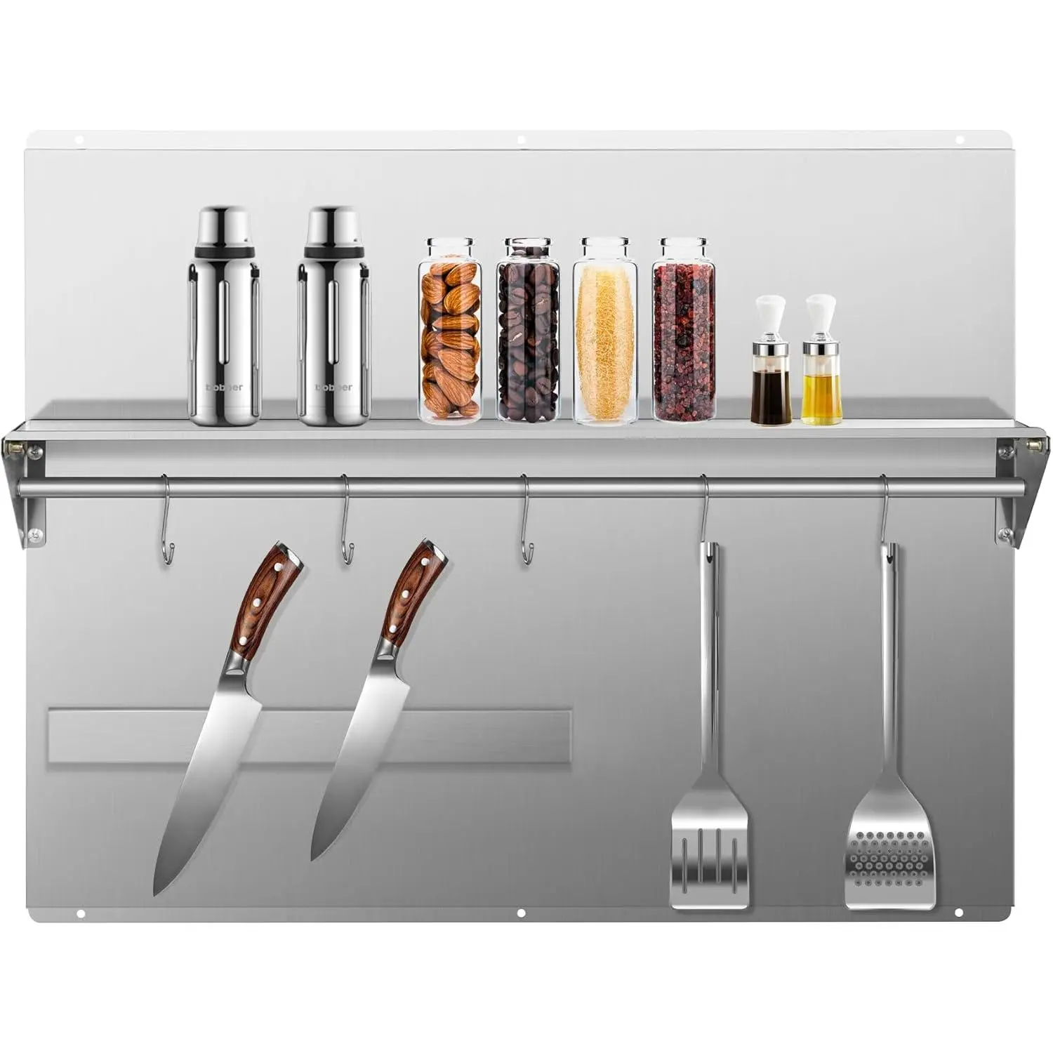 Cxforste Heat-Resistant Corrosion-Resistant Stainless Steel Stove Backsplash Protector (30"x24") - Metal Wall Shield with Storage Rack, S-Hooks, Multifunctional Magnetic Knife Magnet Rack for Kitchen Range Hood Cooking Organiser (Holds Knives)