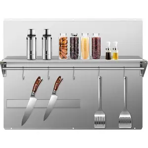 Cxforste Stainless Steel Backsplash, Stove Backsplash Protector for Wall with Storage Shelf & Magnetic Knife Rack, 30" x 24" Back Splash for Stove Range Hood Wall Shield Silver Organiser Kitchen