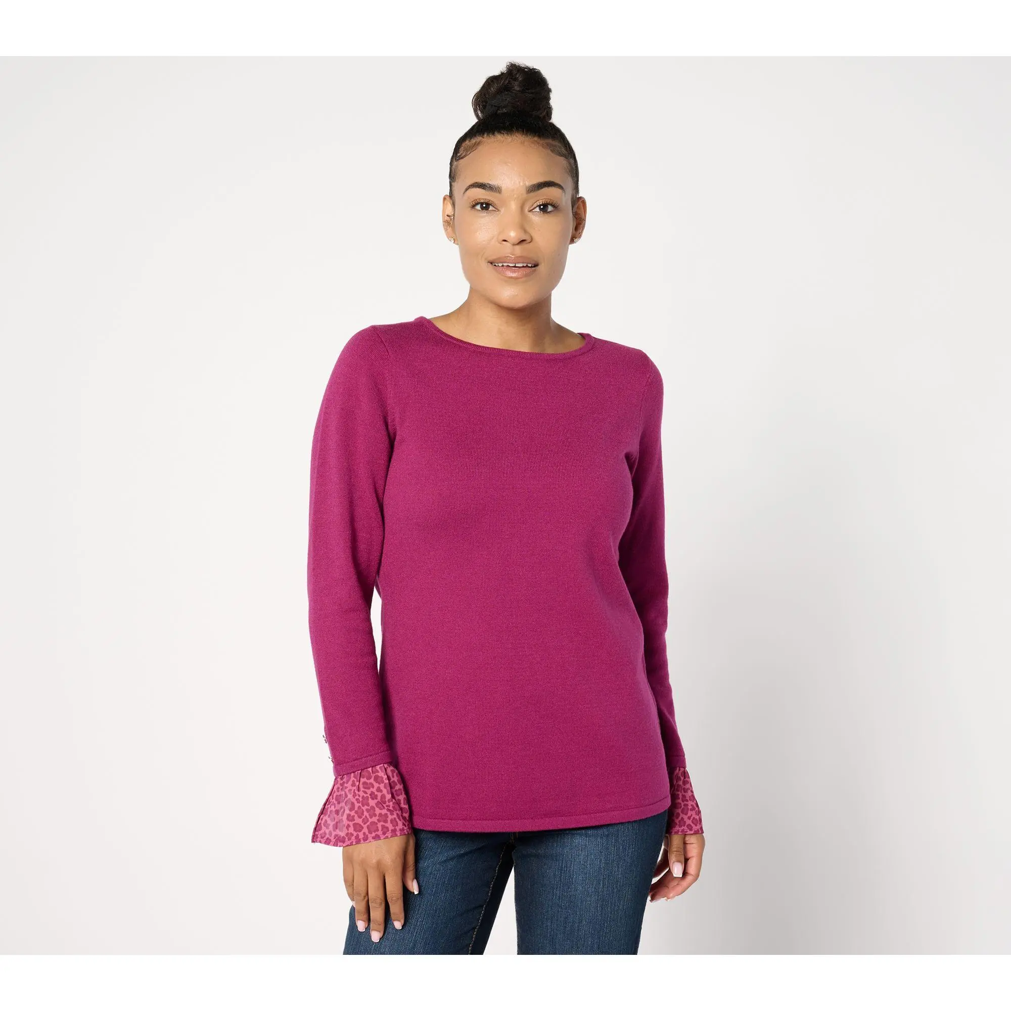 Susan Graver Fine Gauge Boatneck Sweater with Chiffon Ruffle
