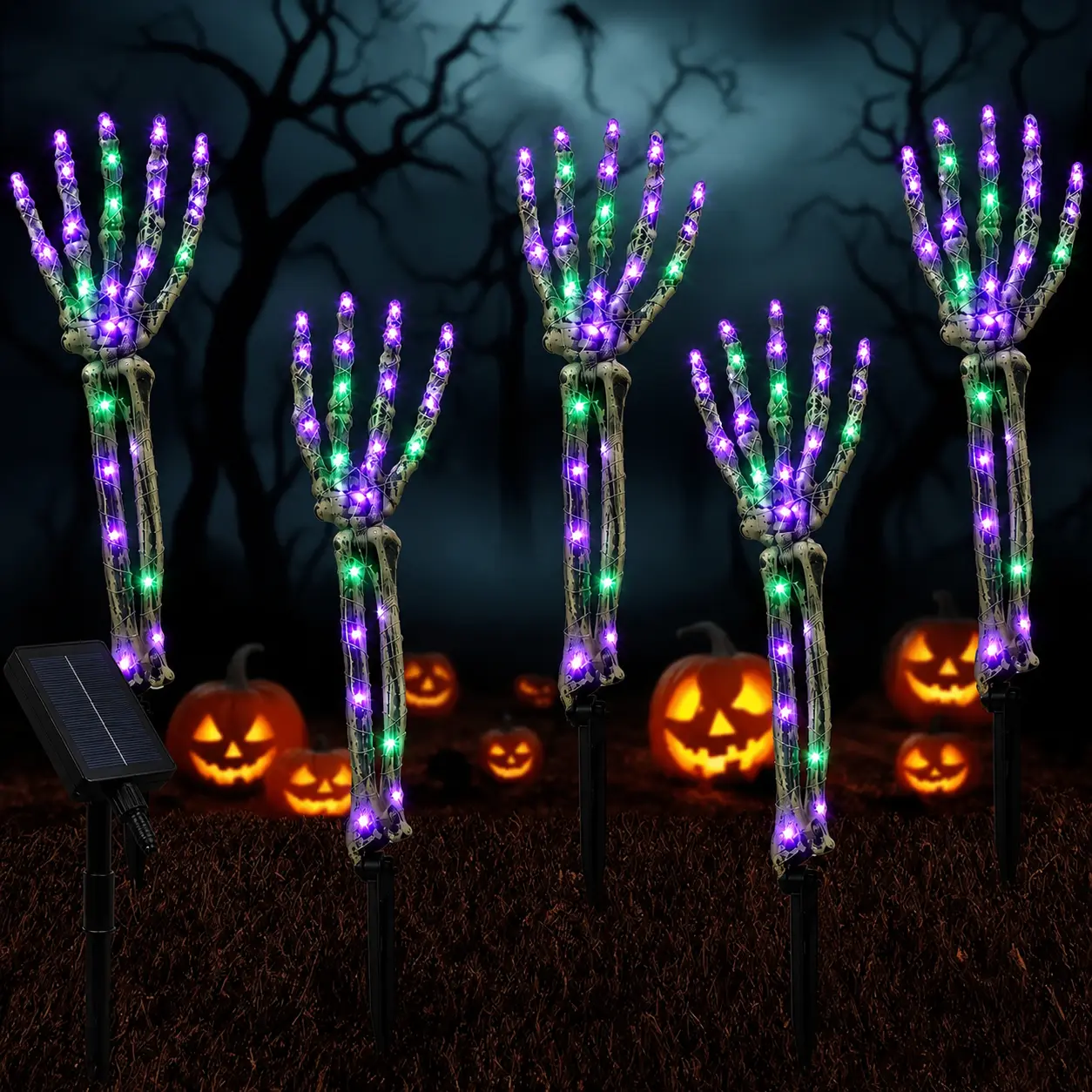 5-Pack Solar-Powered Halloween Skull Arm Stake Lights, Automatic Dusk Illumination, 8 Lighting Modes, Purple-Green LED Skull Hands, IP44 Waterproof, Outdoor Halloween Spooky Decor for Yd, Lawn, Garden