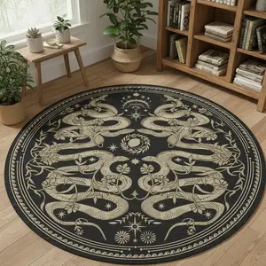 Vintage Mystical Symmetrical Snake Floral Round Carpet, Creative Luxury Art Design, Foldable Non-Slip Bohemian Area Rug for Living Room Bedroom