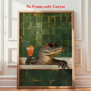 Vintage Wall Art Print, Vertical Cocktail Crocodile Poster, Humorous Animal Bath Canvas Painting, Bathroom Decor Gift, No Frame