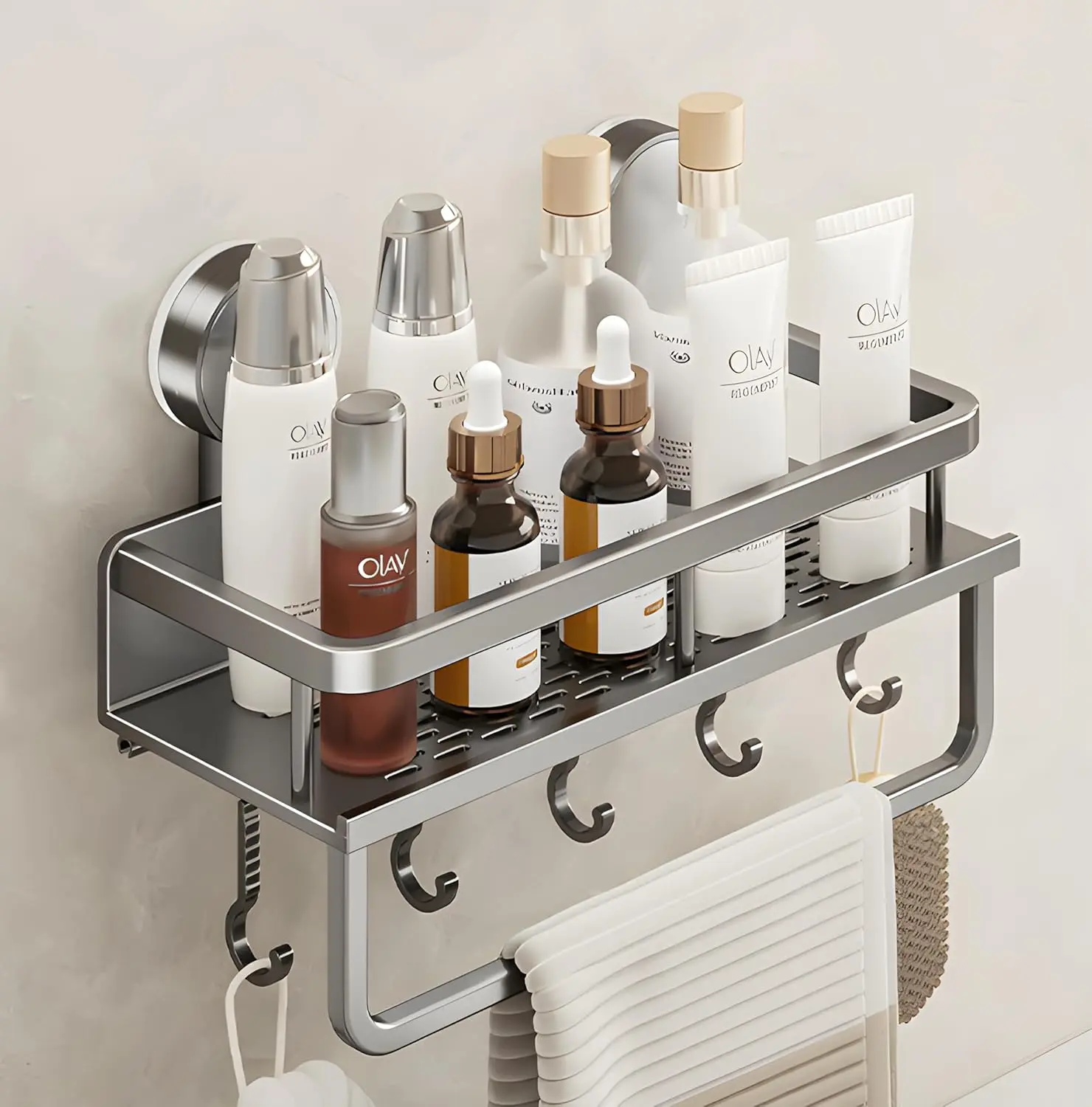 Wall-Mounted No-Drill Bathroom Shelf with Hooks, Punch-Free Mount, Home Decor for Modern Home Organization and Storage