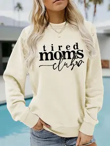 Women's Casual Fitted Mama Club Graphic Pullover Sweater, Soft Long Sleeve Round Neck Sweatshirt, All-Season Comfortable Wear