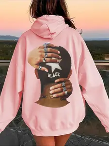 【Plus Size】 Ring & Figure Print Hoodie, Fashion Casual Drawstring Pocket Hooded Sweatshirt for Daily Holiday Outdoor Wear, Women Clothing for Fall & Winter
