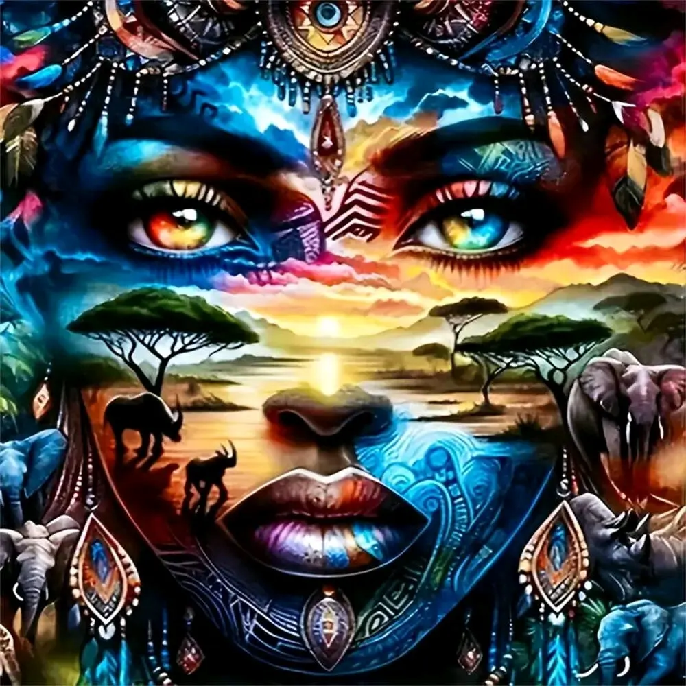 African woman with savanna landscape wall art.Multiple sizes available including square and round diamonds. This 5D DIY diamond painting set diamond art embroidery kit handmade furniture decor holiday birthday art personalized gift Diamond Painting Kits.