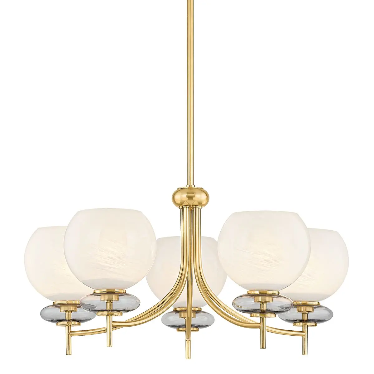 Alexia Chandelier with Large Cloud Glass Orbs and Iridescent Glass Bubble in Aged Brass