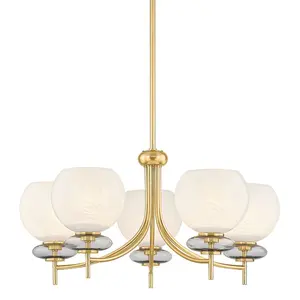 Alexia Chandelier with Large Cloud Glass Orbs and Iridescent Glass Bubble in Aged Brass