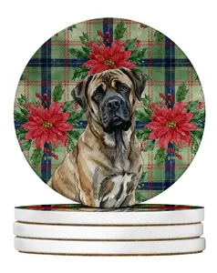 Carolines Treasures WDK8709RCS4 4 x 4 in. Brindle Mastiff Christmas Poinsettias Large Sandstone Coasters, Pack of 4