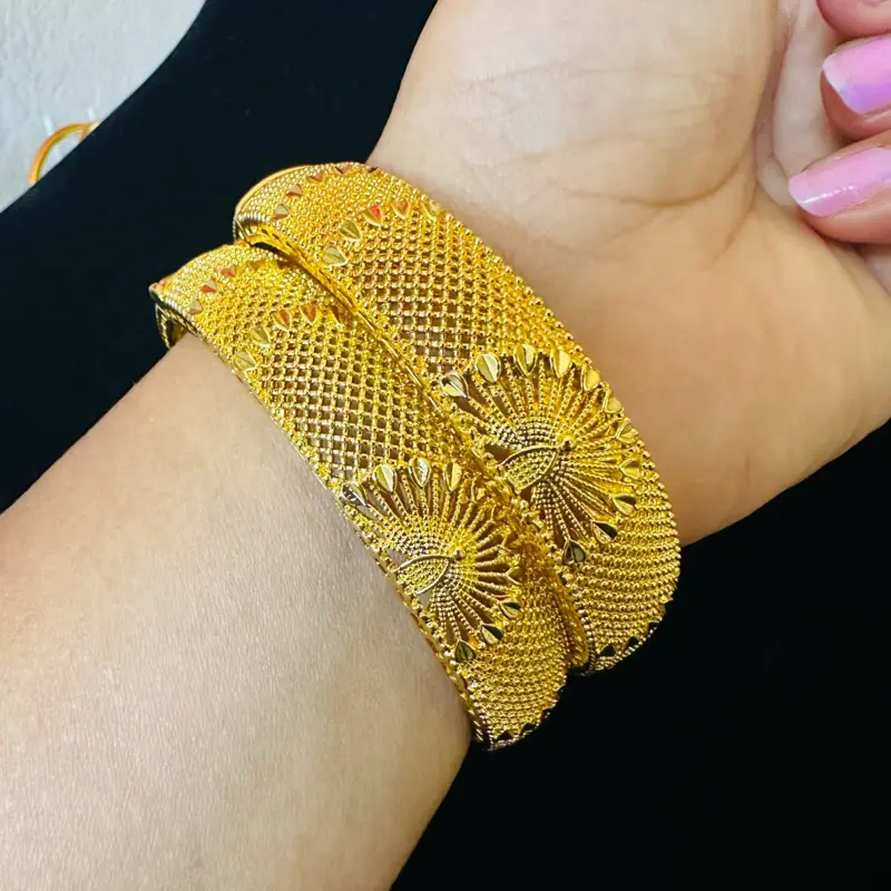 Women's 2-Piece 24k Gold Plated Peacock Motif Adjustable Clip-On Bangles for Costume Jewelry Accessories, Two Pieces