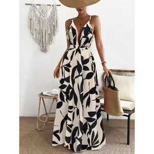 Women's All Over Leaf Print Backless Dress, Bohemian Casual Sleeveless Maxi Dress for Summer, Women's Clothing for Daily Wear, Womenswear, Boho Clothes Women, Maxi Slip Dress