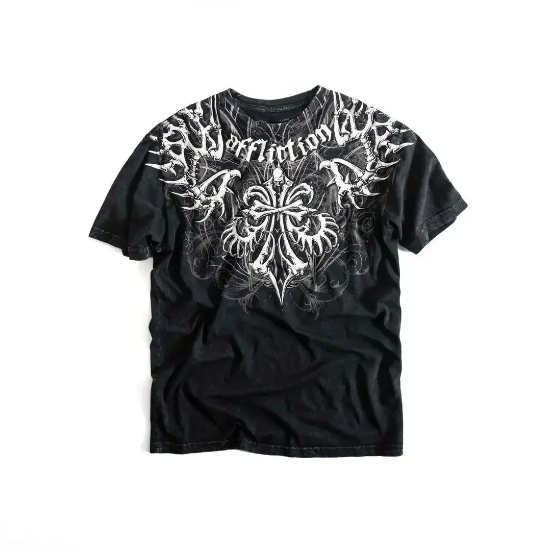 90s Affliction Skeleton Tee T Shirt Gothic Tie Dye Graphic Print Tee Y2k Crew Neck Short Sleeve Top Men Clothing Print Trendy Graphic T-shirts
