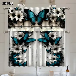 3pcs 2D Flat, 2D Flat. 3pcs Set Spring Butterfly Floral Theme Curtain Set Spring Kitchen Curtain Decoration High Quality Room Decor Curtains Kitchen Curtains., 2D Flat