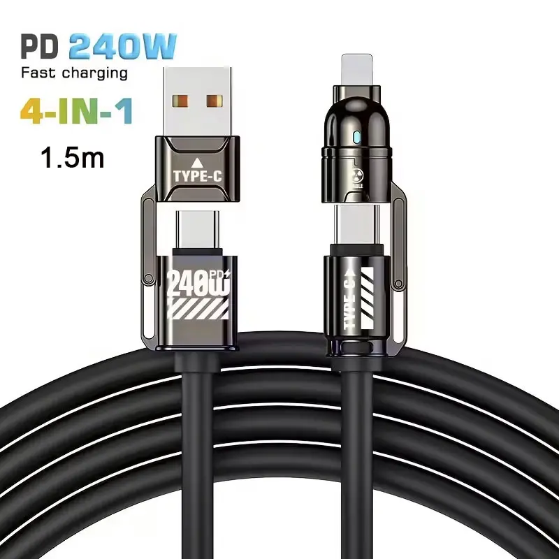 240W PD 4-in-1 Aluminum Core Data Cable - USB-C to USB-A, Lightning, 1.5m Fast Charging & Data Sync for Cellphone, Laptop, Charger Accessory