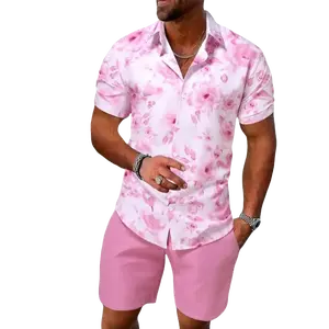 Men's Outfit, Casual Floral Print Lapel Short Sleeve Button Up Shirt & Shorts 2-piece Set£¬ Gamis Polyester Fabric Clothes Fathersdaygift Shortsleeve