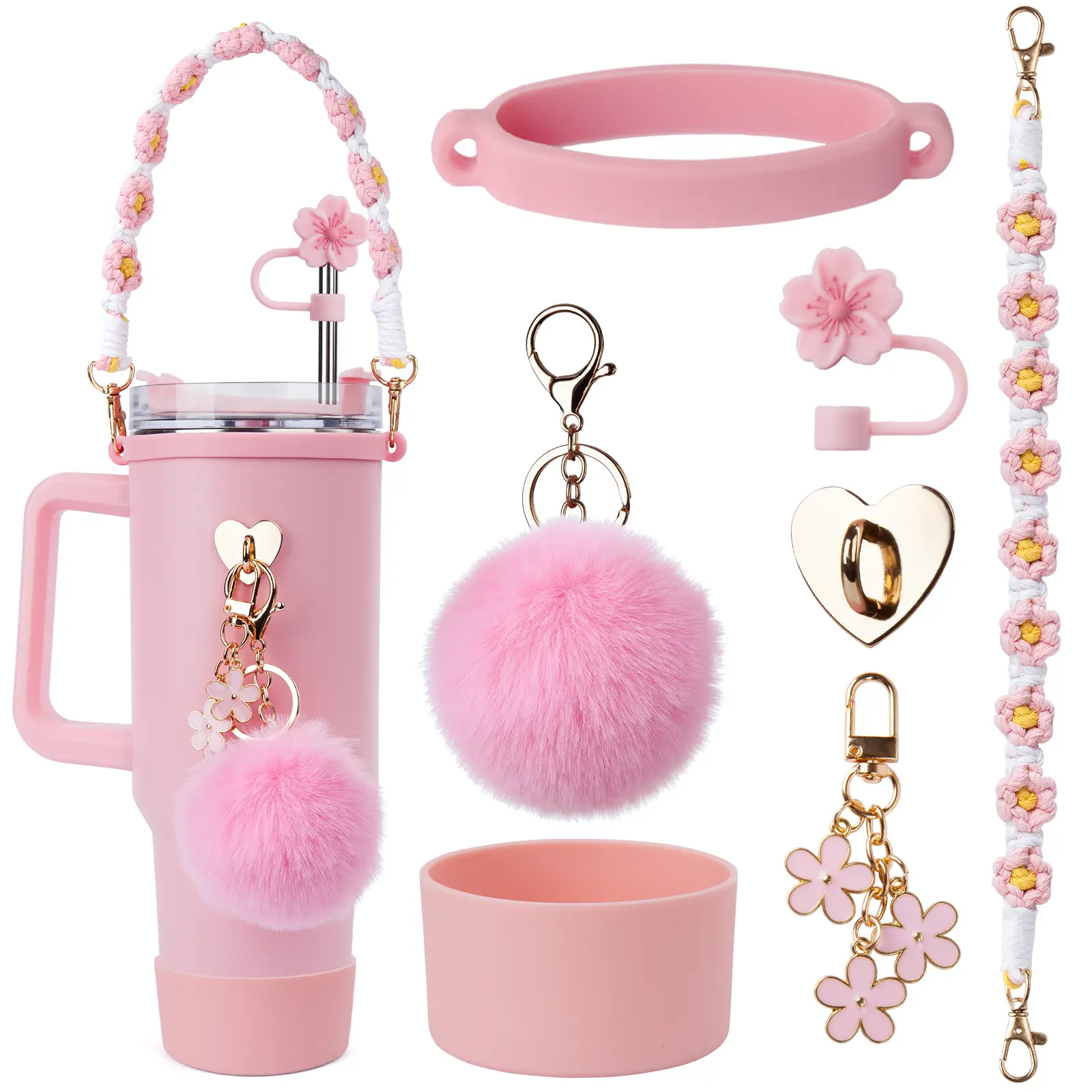 Stainless Steel Portable Vacuum-Insulated Tumbler Set - Built-in Straw Handle Flask, Icy Cold Flask, Water Bottles, Glass, Pink Cups & Accessories - 1-Size Kitchen Drinkware for Hot/Iced Tea, Fitness - Birthday Gifts for Girls