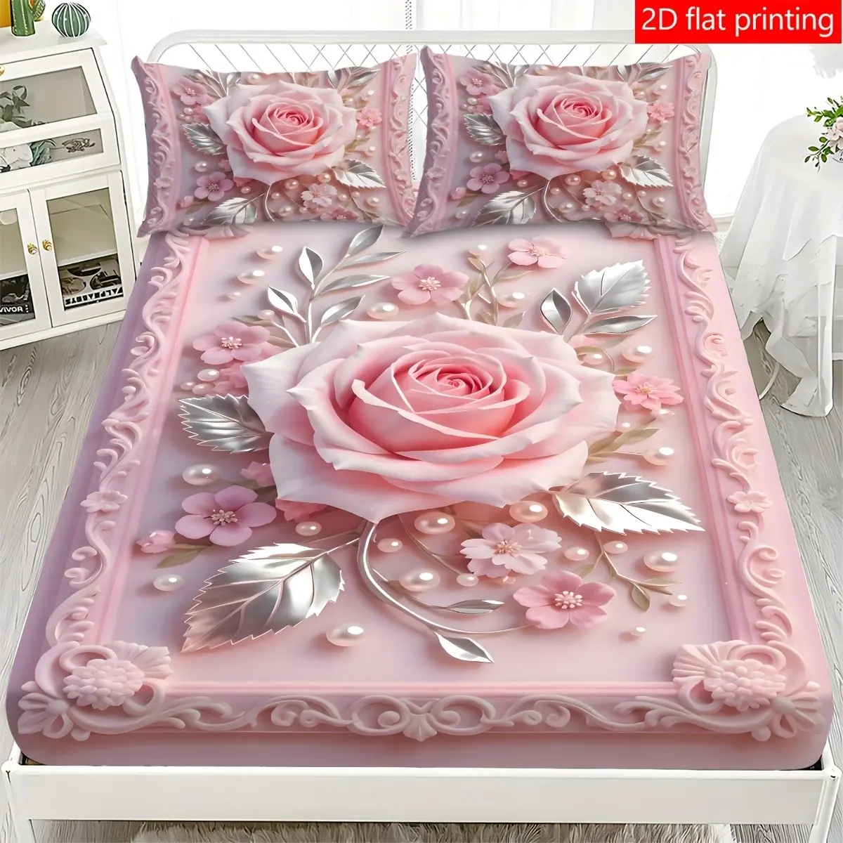 3pcs Rose Pattern Mattress Protector Set, Bedskirt Set, Decorative Print Bedding Set, Anti-Slip, High Elasticity, No Iron, Includes Comfortable Bed Skirt and Two Pillowcases