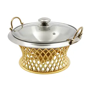 Gold Electroplated Food Warmer Pan 24cm Inner Diameter Aluminum Alloy Stainless Steel for Home Hotel Banquet Party Heat Insulation Easy to Clean