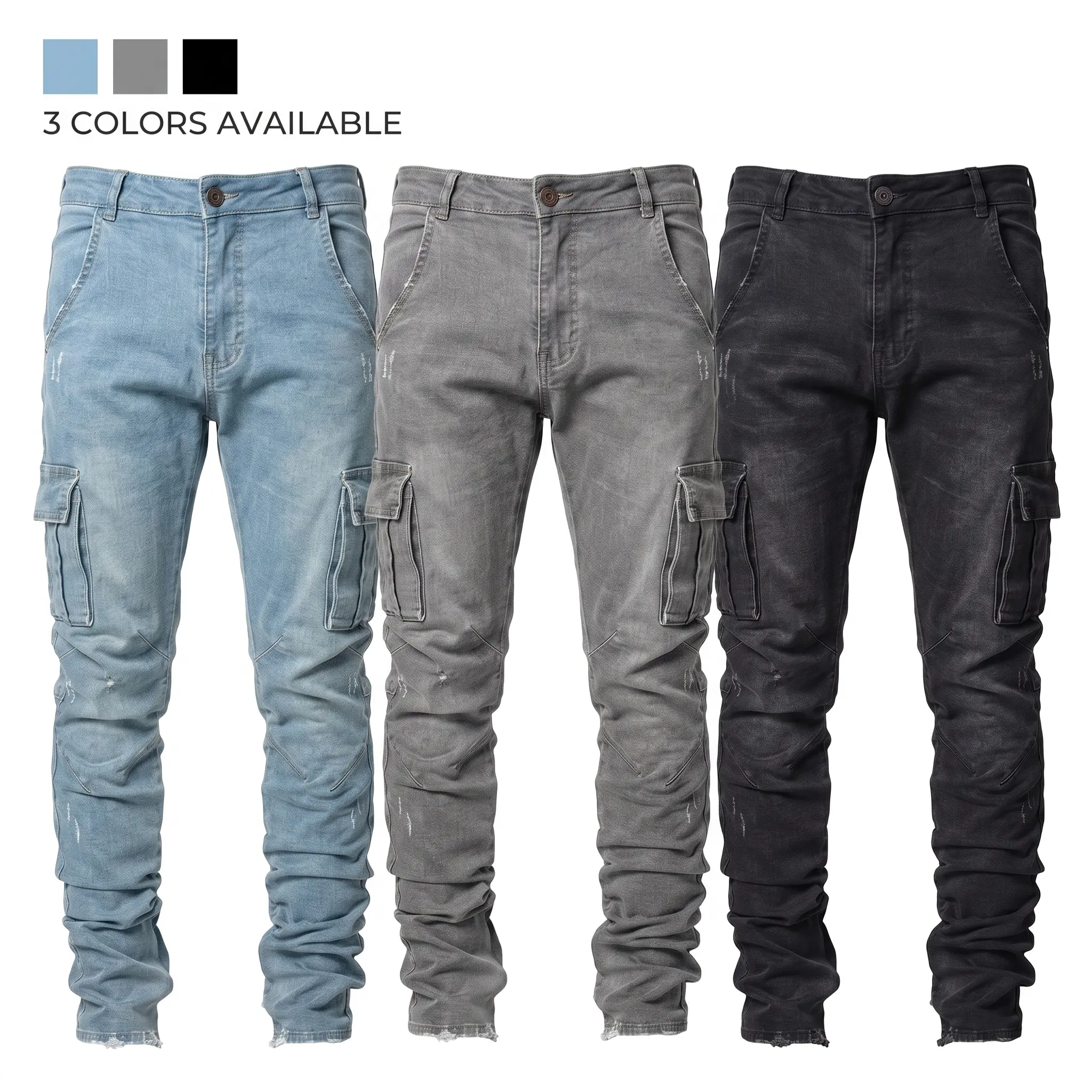 Men's Slim Fit Washed Cargo Jeans - Dark Wash Stretch Denim, Distressed Raw Hem, Ankle Length, Tapered, Plain, Urban Street Casual Pants with Pockets