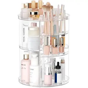 360-Degree Rotating Acrylic Makeup Organizer - 8 Adjustable Layers DIY Spinning Storage with Easy Installation, Modern Brush Holder, Perfume Tray, Stainless Steel & Silicone Carousel for Vanity, Easy Cleaning