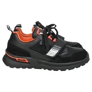 Pre-owned Prada Prada Mechano Sneakers in Black Orange Leather by Rebag