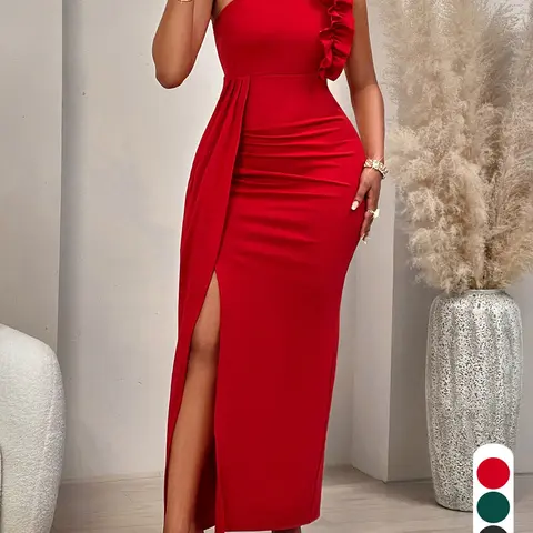 Elegant Solid Color Sleeveless High-Waist Thigh-Split Long Summer Dress for Women, Formal Wear, Perfect for Casual, Office, Party and Date Night, Thigh Slit Dress