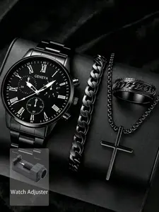 4pcs/Set Casual Business Men's Analog Quartz Watch Set, Including 1pc Men's Analog Quartz Watch And All-Black Accessory Set (Metal Band Roman Numeral Chronograph Watch, Chain Bracelet, Cross Necklace, Textured Ring)