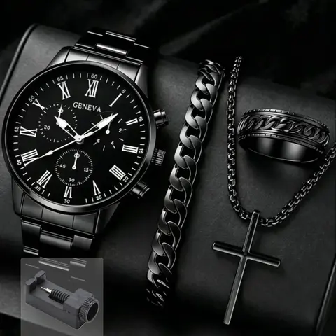 4pcs/Set Casual Business Men's Analog Quartz Watch Set, Including 1pc Men's Analog Quartz Movement Watch And All-Black Accessory Set (Metal Band Roman Numeral Chronograph Watch, Chain Bracelet, Cross Necklace, Textured Ring)