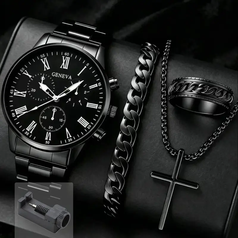 4pcs/Set Casual Business Men's Analog Quartz Watch Set, Including 1pc Men's Analog Quartz Movement Watch And All-Black Accessory Set (Metal Band Roman Numeral Chronograph Watch, Chain Bracelet, Cross Necklace, Textured Ring)