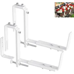 Adjustable Window Box Brackets Heavy Duty Iron Flower Box Planter , 2 Pack Universal Outdoor Hanging Brackets, White Steel Mounting Durable, Suitable for Fence Pergola Patio Garden Balcony